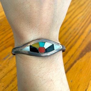 5” Native American Sterling silver (patina) cuff with enamel details